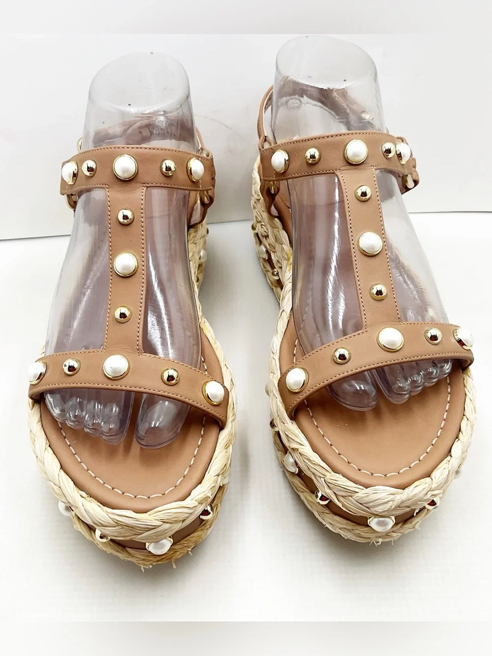 {Stuart Weitzman} Beraffia Pearl Studded Platform Sandals